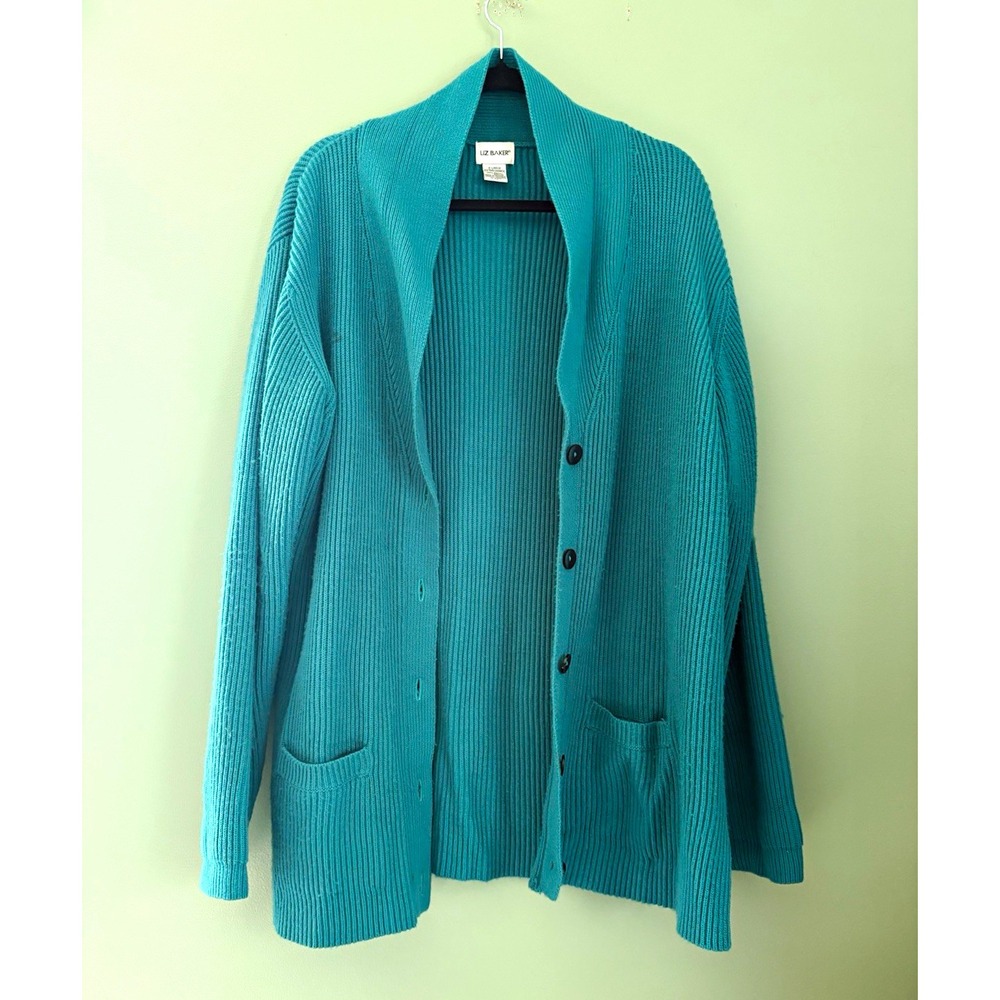 Liz Baker Vintage Teal Solid Rib-Knit Collared Button Front Pocket Cardigan XL
